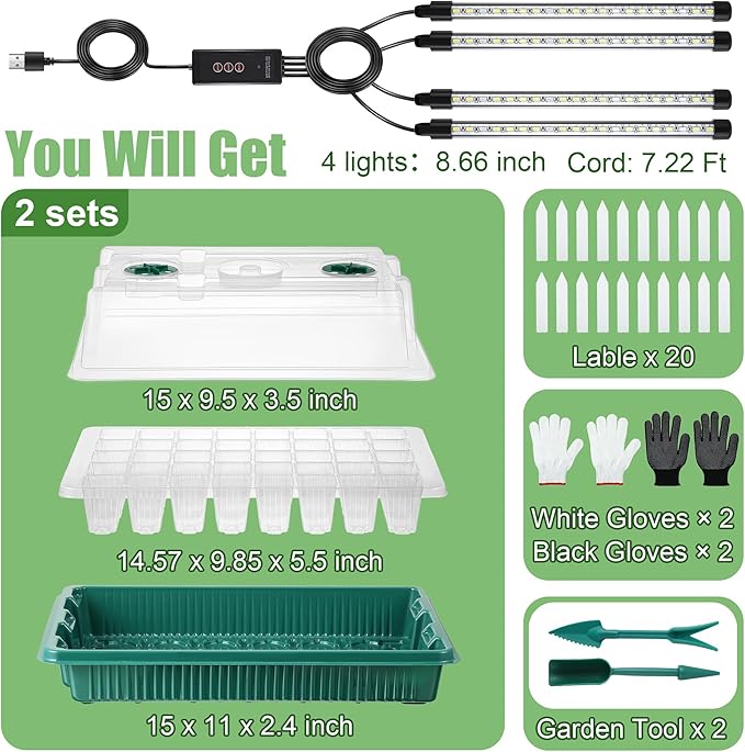 Saillong 2 Pack Seed Starter Tray with Grow Light, 80 Cells Indoor Greenhouse Kit, 360° Full Spectrum LED, Smart Timer, 5 Brightness Levels Indoor Plant Starter Kit for Home Gardeners