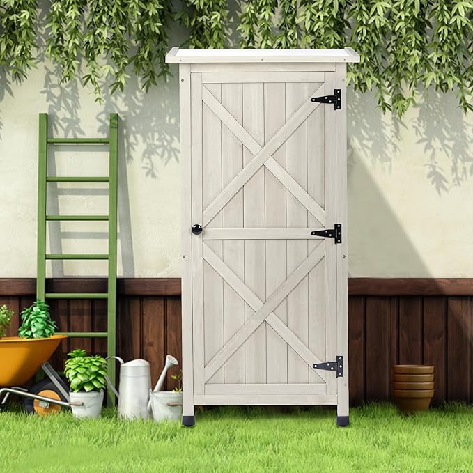 Wooden Outdoor Storage Cabinet, Vertical Garden Tool Shed with Waterproof Metal Roof & 2 Adjustable Shelves Ideal for Yard, Patio, Deck and Porch (Gray, 20" x 24" x 48")