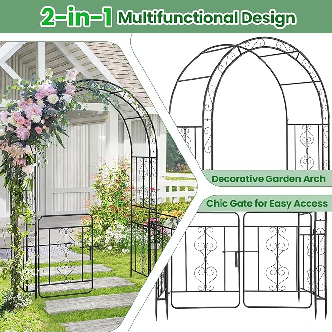 Moccha Garden Arch, 84" Arbor Trellis with Lockable Gate for Climbing Plants, Roses, Vines, Outdoor Pergola Archway, Heavy-Duty Garden Arbor for Lawn Patio Bridal Party Decoration Pathway Ceremony