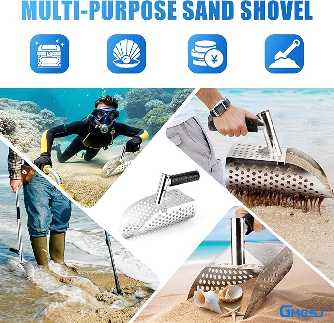 Sand Scoop for Metal Detecting,Heavy Duty Stainless Steel Metal Detector Scoop with Long Handle,Metal Detecting Shovel Used for underwater treasure hunting, beach soil metal detection, and excavationr
