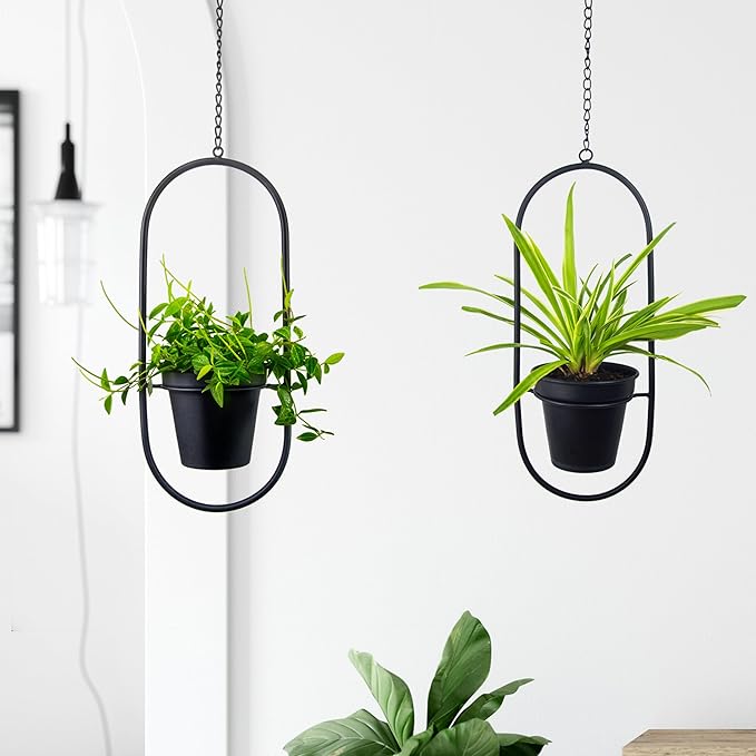Modern Hanging Planters for Indoor Plants, Metal Plant Hanger with 5 inch Flower Pots,Set of 2 Black Oval Shape Plant Holders, Wall and Ceiling Hanging Pots for Outdoor Plants, Home Décor