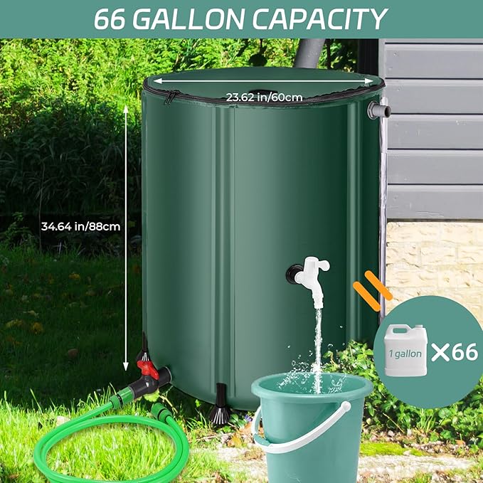 Rain Barrels to Collect Rainwater from Gutter - Rain Collection Barrel Water Barrel Rainwater Collection System Collapsible Rain Barrel Include Filter Two Spigots and Overflow Kit (66 Gallon, Green)