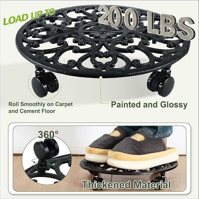 14 Inch Rolling Plant Stand with Wheels Metal Plant Caddy with Wheels Heavy Duty Round Plant Stand Indoor Iron Plants Rollers for Plants, Plant Dolly with Plant Saucers 1 Pack