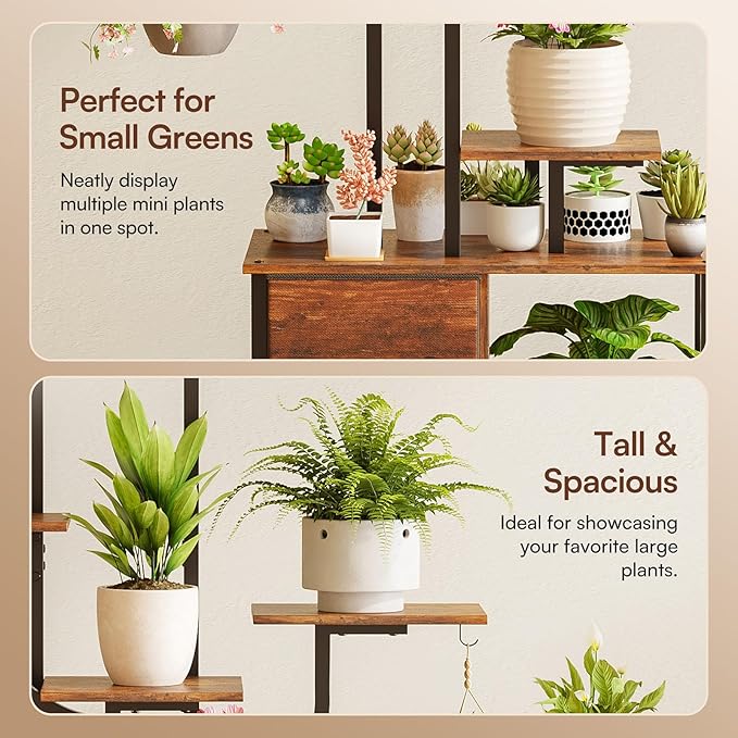 cebihy 9 Tiered 59'' Plant Stand Indoor with Grow Light 3 Color Modes, Plant Shelf with Drawer, 10 Brightness Levels, Timer, Wide Base, Corner Plant Stands for Living Room, Balcony (Tall 59'')