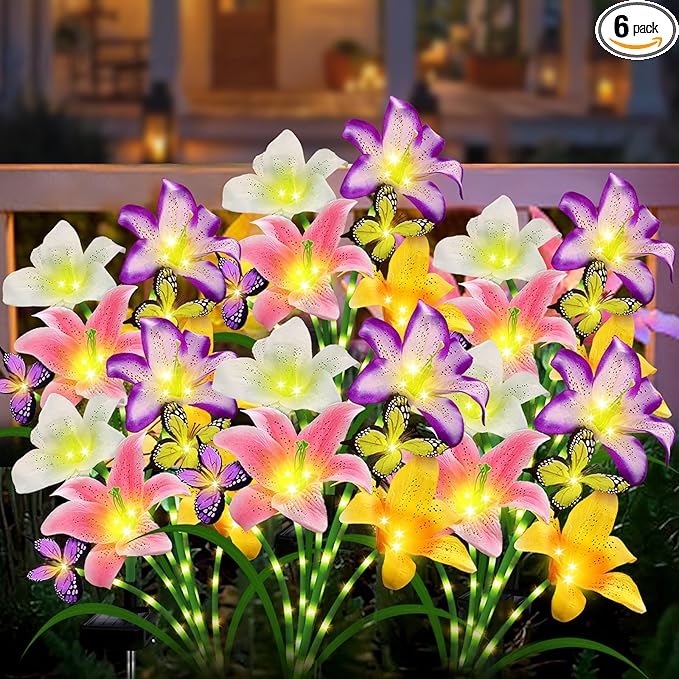 Solar Garden Lights 6 Pack 24 Lily Flowers with Butterfly Decor, Christmas Birthday Gifts Solar Flower Lights for Outside,Cemetery Flowers for Grave - Decorative Lilies for Yard, Patio, Pathway