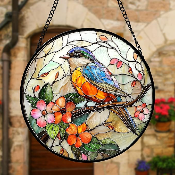 Stained Glass Window Hanging, Blue Bird Pink Flower Suncatcher Diamond Glass Panel Bird Sun Catchers Decor for Birthday for Women, Men, Wife, Aunt, and Mom 9.8 in