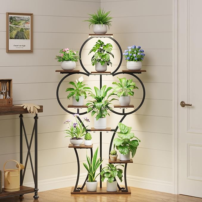 POZILAN Plant Stand Indoor with Grow Lights - 63" Tall Corner Plant Stands for Indoor Plants - 10 Tiered Plant Shelf with Grow Light, Multiple Metal Lighted Plant Stand for Balcony, Living Room, Patio