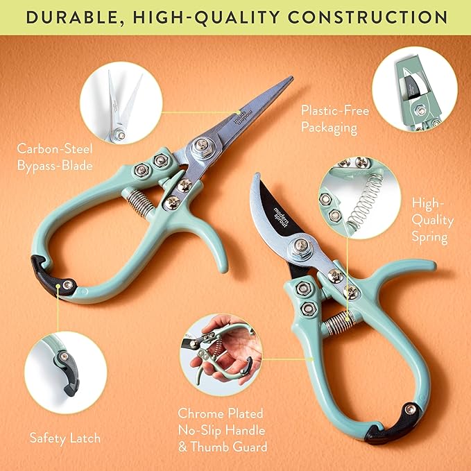 Modern Sprout Hand Pruners & Shears Set - Lightweight Gardening Tools W/Easy Lock - Sharp Carbon Steel Blades -Rust Resistant Scissors for Herbs, Flowers - Reusable Holster - Ocean