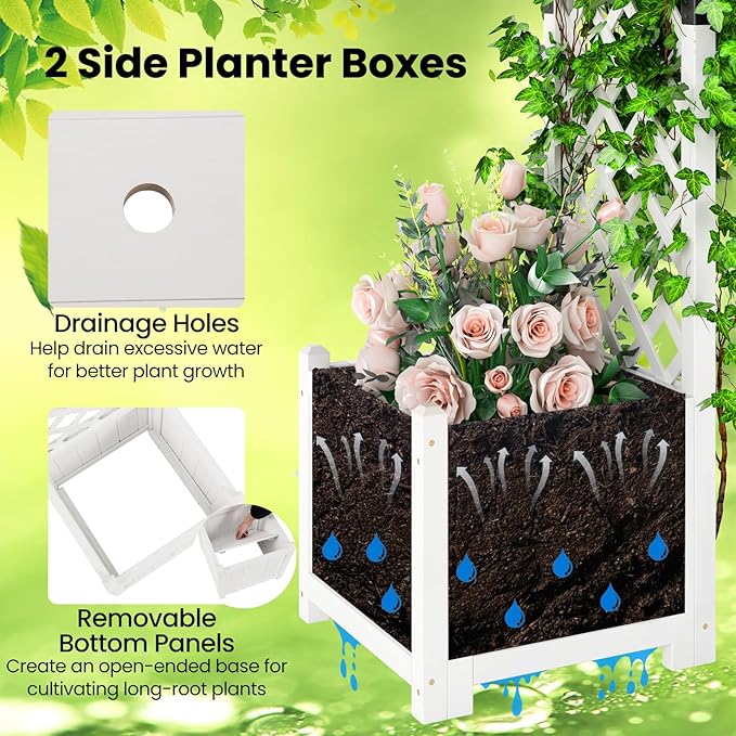 Happygrill Garden Arbor with Planter Boxes, Outdoor Wedding Arch with Trellis for Climbing Plants Vine Vegetables Herbs, Wooden Arbor Archway for Ceremony, Party (White)