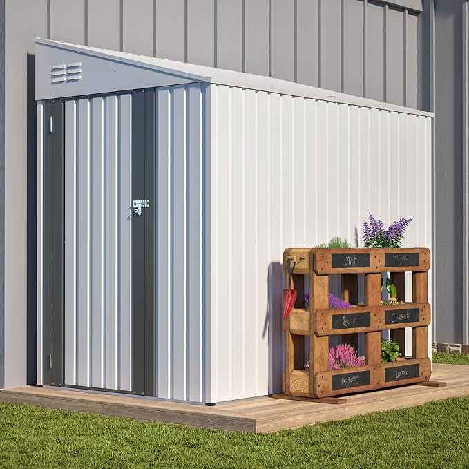 4×7 FT Outdoor Metal Storage Shed,Heavy-Duty Lean to Storage Shed with Lockable Door and Reinforced Beams,All Weather Waterproof Storage House W/2 Air Vents,for Backyard,Patio,Lawn,White