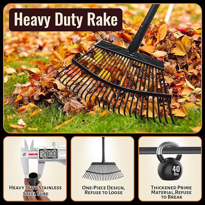 Garden Rake for Leaves, 25 Tines Heavy Duty Metal Yard Rake with 64 inch Adjustable Handle, Ideal Leaf Rakes for Gardening, Dethatching, Thatching, Gathering Shrub, Grass, Debris, Rocks