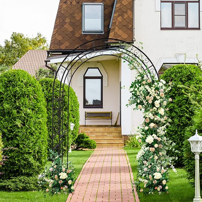 7FT Heavy Duty Steel Garden Arbor with Side Garden Trellis, Rust-Resistant Powder Coated Wedding Arch Archway for Backyard, Vine Plants & Outdoor Decor - Includes Ground Stakes & Easy Assembly