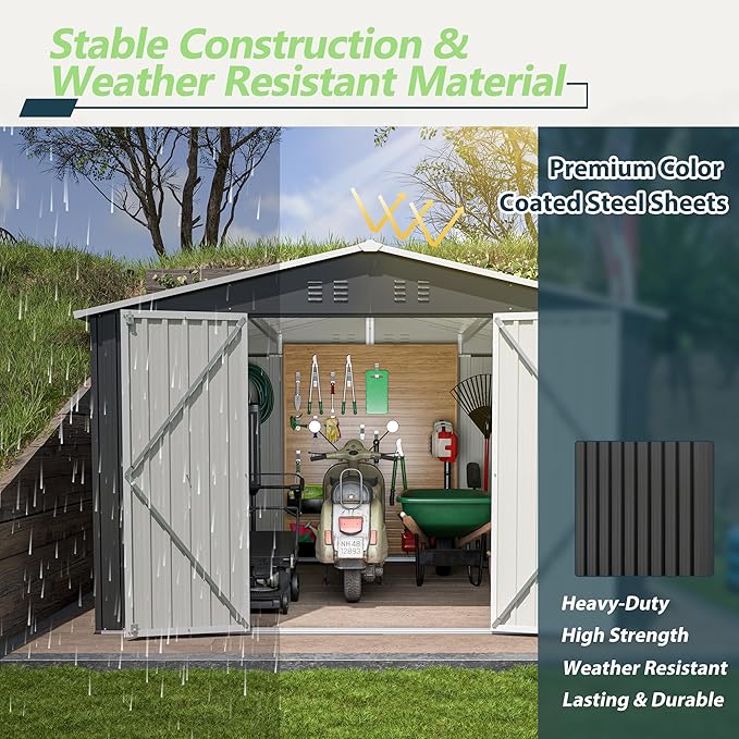 10x10 FT Outdoor Storage Shed, Large Metal Garden Shed with Lockable Hinged Doors, Outside Tool Shed with Sloped Roof & 4 Air Vents, Waterproof Storage Building for Backyard, Patio, Lawn, Black