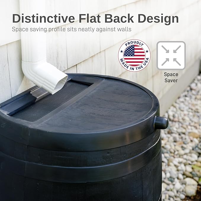 RTS Home Accents 50-Gallon ECO Rain Barrel Made with 100% Recycled Plastic, Flat Back Rain Water Collection Barrel, Link Kit Included, Black (2 Pack)