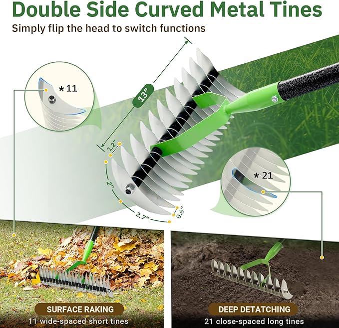 Thatch Rake, 13" Wide Efficient Dethatcher Rake with 70" Adjustable Long Handle, Heavy Duty Steel Metal Dethatching Rakes for Cleaning Dead Grass, Loosening Soil, Lawn Care in Yard Garden
