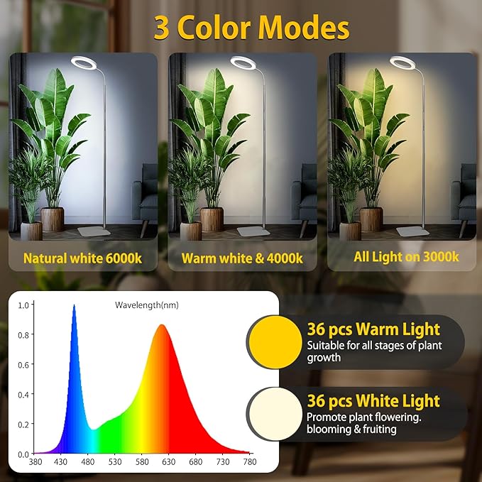 Grow Lights for Indoor Plants - Full Spectrum LED Halo Growing Lamp with Base & Groud Stake, Height Adjustable (16-67"), 3CCT, 10 Dimming, 3H/9H/12H Auto Timer - White (NO Adapter)
