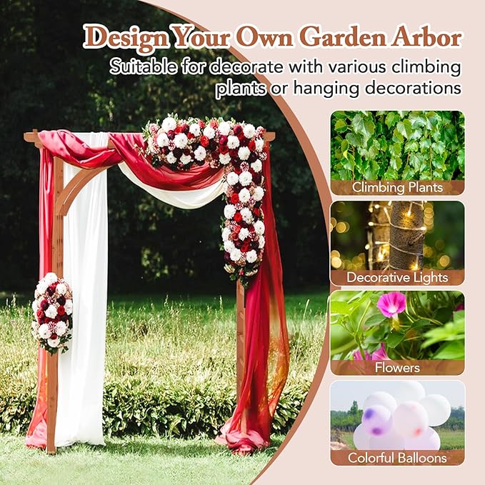Happygrill Wood Garden Arbor, 84 Inch Outdoor Archway Pergola w/Decorative Hanging Roof & Side Climbing Trellis, Garden Arch for Climbing Plants, Wedding Ceremony Decoration, Lawn, Party