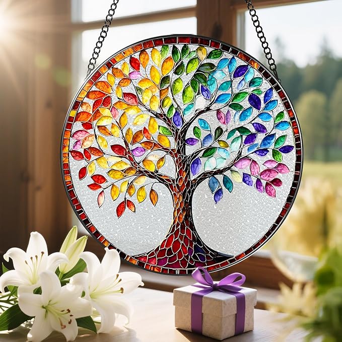8'' Tree of Life Sun Catcher Ornament, Stained Glass Window Hanging, Suncatchers for Windows Hanging Ornaments, Window Decor | Housewarming Gift, Gifts for Mom & Grandma