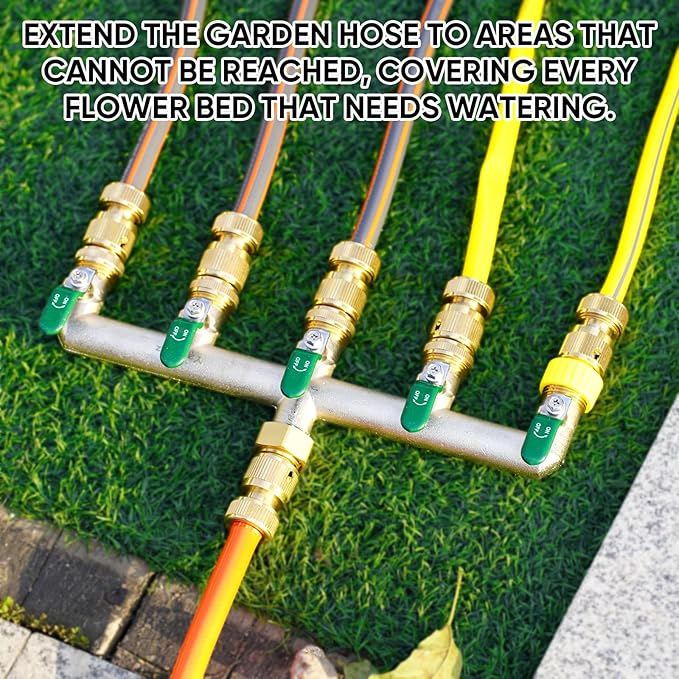 5 Way Garden Hose Splitter, Heavy Duty Brass Nickel Plated Rust Resistant Faucet Manifold, 3/4" Frost Resistant Outdoor Hose Adapter Connector，Hose Spigot Adapter with 5 large Green handles