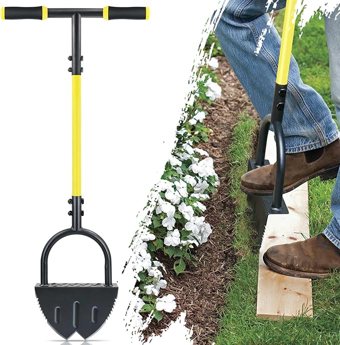 Jardineer Edger Lawn Tool Long Handle, Upgraded Manual Grass Edger with Double V-Shaped Serrated Edge Blade and Wide Footplate, Edgers for Landscaping Yard Maintenance