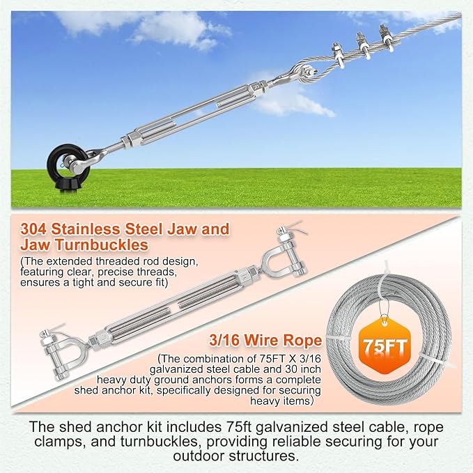 30" Ground Anchors Shed Anchors Kit with 3/16" 75FT Galvanized Cable & M6 304 Stainless Steel Turnbuckles, Heavy Duty Earth Anchors for Sheds Trees Trampoline Greenhouse Swing Set Tent, 4Pack Black