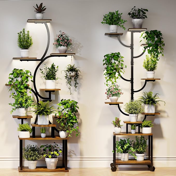 Plant Stand Indoor with Grow Lights - 9-Tier Curved Plant Stand, Tall Metal and Wood Indoor Plant Shelf with Unique Arched Design, Multi-Tier Flower Pot Holder Rack with Waterproof Finish, 63" Tall for Living Room, Balcony, and Garden