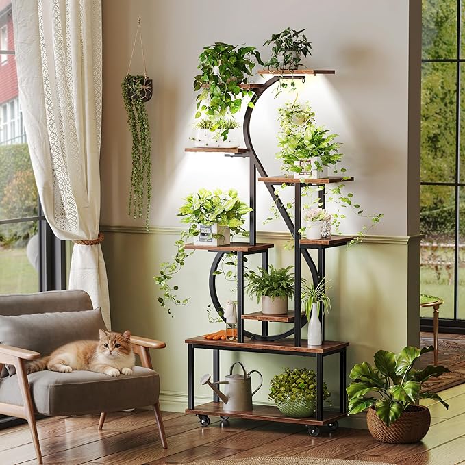 PRAISUN 65 Inch Plant Stand with Grow Light, 9 Tiered Indoor Plant Shelf with Larger Flower Holder, Music Note-shaped Stand with Top Ring Hook , Corner Plant Rack for Living Room, Rustic Brown