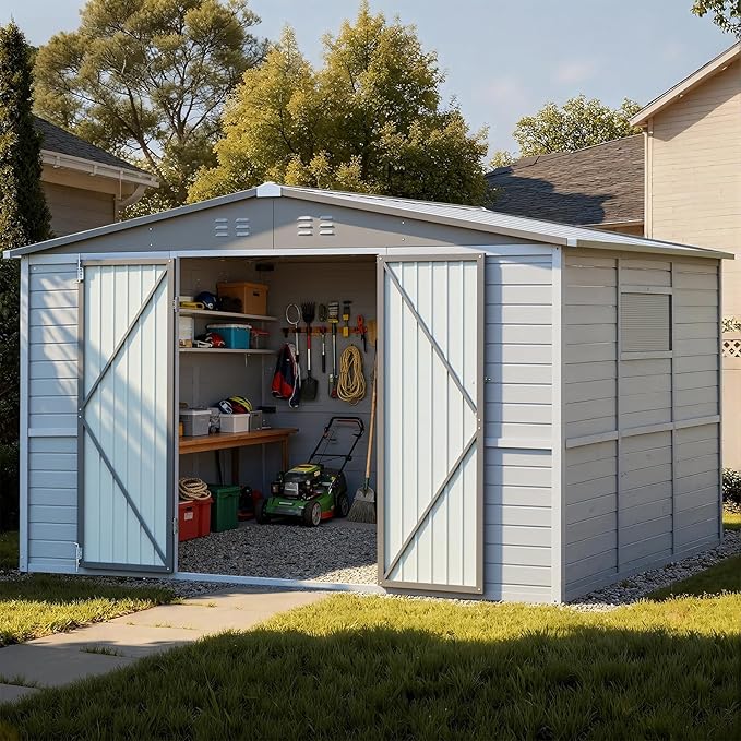 8x10FT Outdoor Storage Shed with Lockable Doors & Slooping Roof Wood & Metal Garden Tool Shed for Backyard, Patio, Poolside
