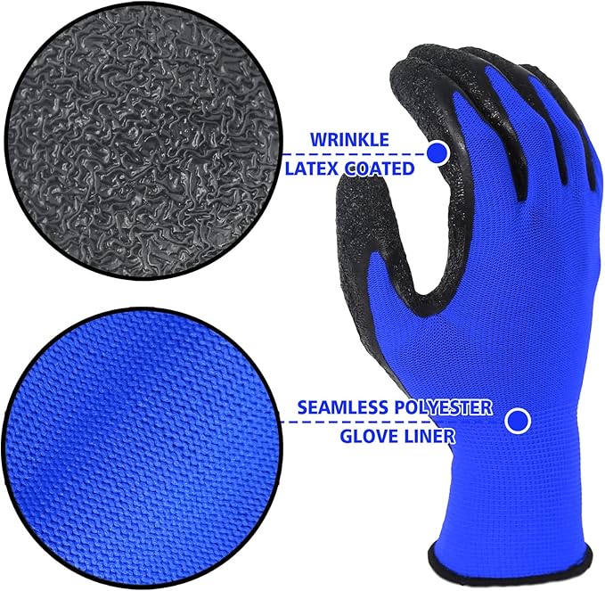 Evridwear Crinkle Latex Rubber Hand Coated Safety Work Gloves for Men Women General Multi Use Construction Warehouse Gardening Assembly Landscaping (XK-Size) Blue 120 Pairs Pack