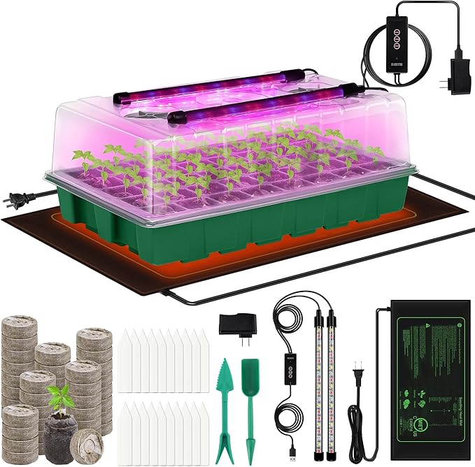 Seed Starter Kit 40-Cell Seed Starter Tray with Grow Lights Full Spectrum Seedling Heat Mat 40 Peat Pellets Seed Starting Soil Plant Labels Garden Tools for Germination Seeds Growing, Green
