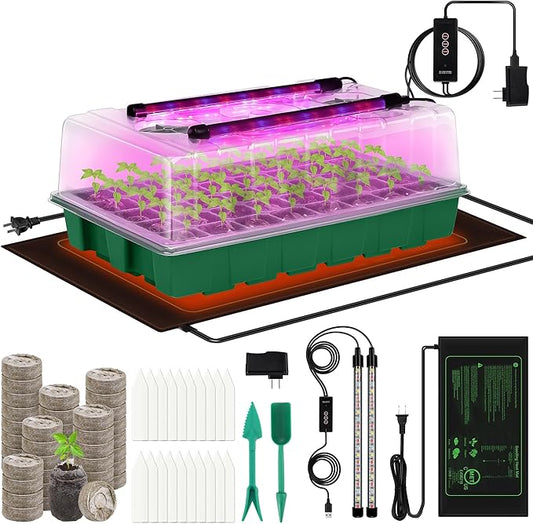 Seed Starter Kit 40-Cell Seed Starter Tray with Grow Lights Full Spectrum Seedling Heat Mat 40 Peat Pellets Seed Starting Soil Plant Labels Garden Tools for Germination Seeds Growing, Green