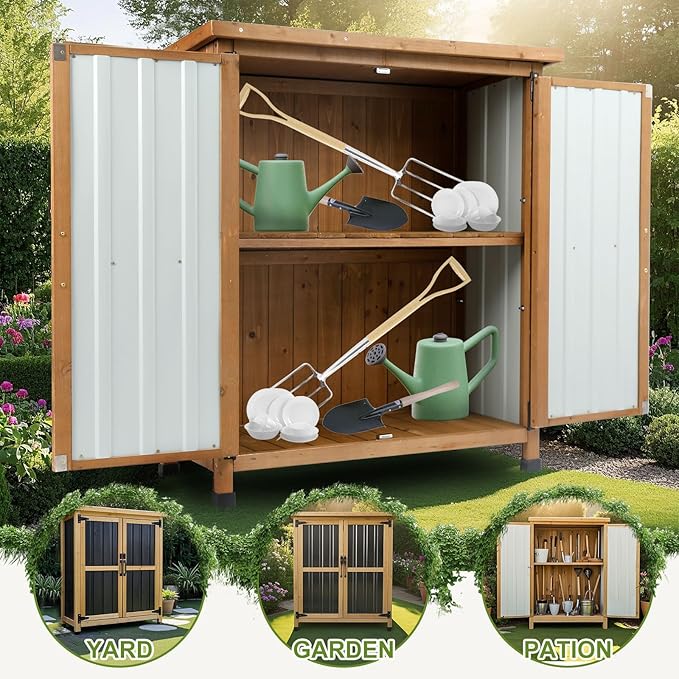 Small Outdoor Storage Cabinet Waterproof, Wood & Metal Storage Shed with Lockable Doors & Adjustable Shelves, Vertical Outdoor Cabinets for Patio Backyard,Garden Tool Shed and Accessories, Brown