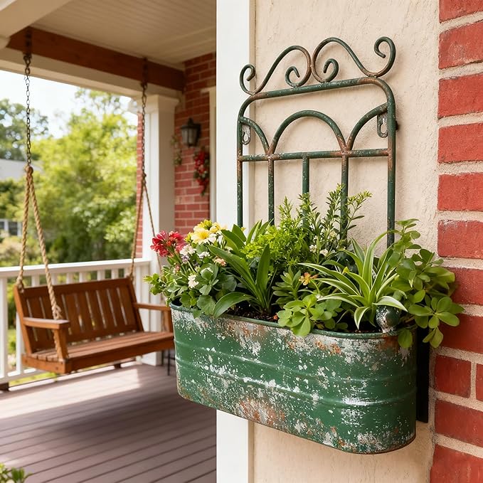 Rustic Metal Wall Planter Country Garden Wall Hanging Mount Vase Pocket Outdoor Vintage Hanging Pot Farmhouse Wall Decor for Plants Flowers (Green)