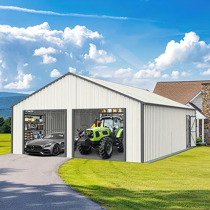 25x33 Outdoor Storage Shed, Extra Large Metal Garage Building, Heavy Duty Double Garage Shed with Side Door & 16 GA Steel Frame, Waterproof 2 Car Sheds for Car, Truck, Bike, Tool Storage, Cream