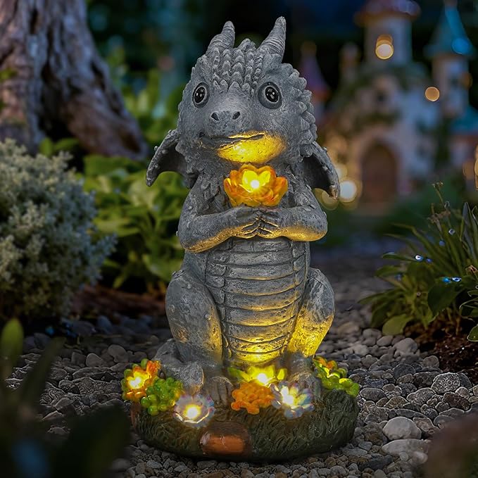 Solar Garden Outdoor Statues Dragon Holding Flower with LED Lights, Lawn Decor Outside Statue for Patio, Balcony, Yard Ornament, Housewarming Gift for Wife Mom Grandma