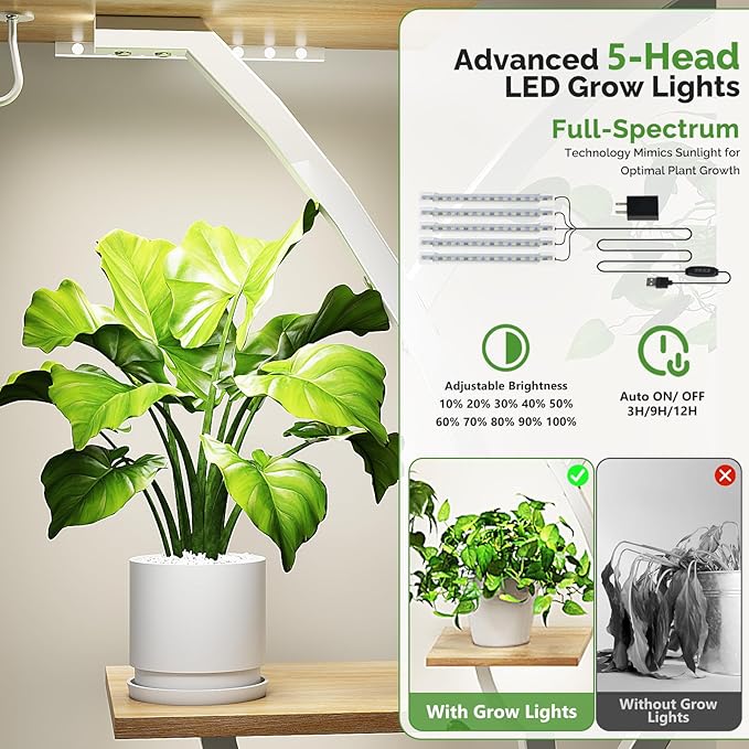VINGLI 61" Tall White Plant Stand with Grow Light, 10-Tier LED Lighted Plant Shelf, Indoor Plant Rack with Full-Spectrum Grow Lights, Tree-Shaped Metal Plant Stand for Living Room, Balcony