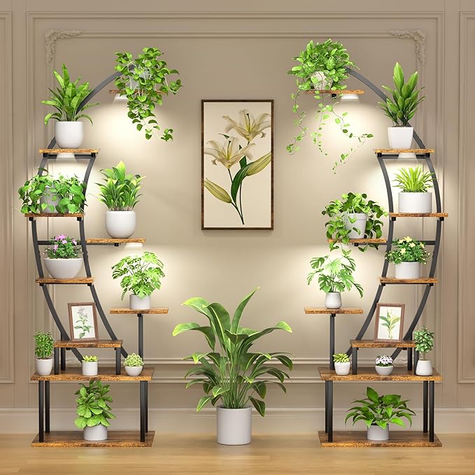 Plant Stand Indoor with Grow Lights, 9 Tier 63" Metal Plant Shelf for Multiple Plants, Tall Lighted Plant Shelves Corner Flower Holder, Half Curved Shape Plant Display Rack for Home Living Room Patio