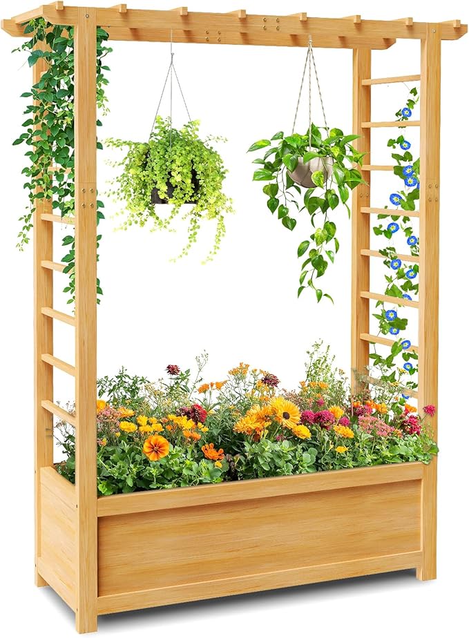 SUNYRISY Raised Garden Bed with Trellis, Wooden Vertical Planter Box with Trellis Outdoor for Climbing Plant Vine Flowers Vegetables, Planter Raised Bed with Hanging Roof and Drainage Holes