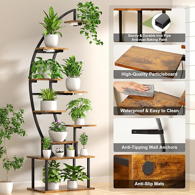 Plant Stand Indoor with Grow Lights, 9 Tier 63" Metal Plant Shelf for Multiple Plants, Tall Plants Shelves Corner Flower Holder, Half Curved Shape Plant Display Rack for Living Room, Balcony, Patio