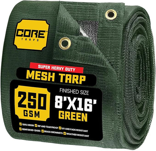 Core Tarps 60% Green Shade Cloth with Grommets - 8 X 16 FT Heavy Duty Mesh Tarp - Sun Shade Cloth for Garden Vegetables Plants Greenhouse Outdoors Backyard Fences Dump Trucks Patio Mesh Shade Tarp