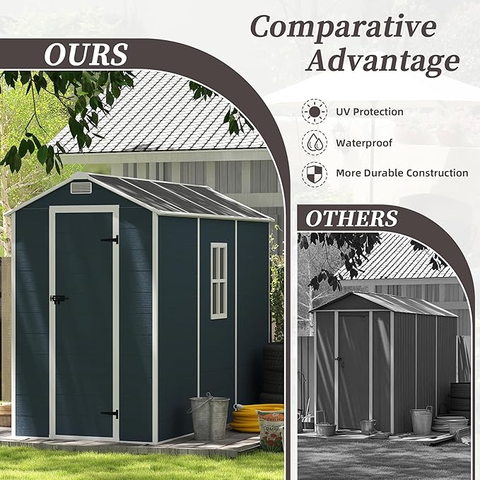 Resin Storage Shed 8x4ft, Outdoor Storage Sheds with Floor, Window, Lockable Doors and Vents, 12mm Thick pp Board, Tool Shed for Bike, Garden, Backyard, Lawn (Dark Gray, 4 * 8ft)