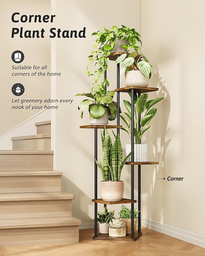 Corner Plant Stand Indoor 6 Tiered Tall Plant Stand Plant Shelf for Multiple Plants Coner Shelf Wood Plant Stands Metal Shelving for Living Room Bedroom Balcony Patio Brown Oak