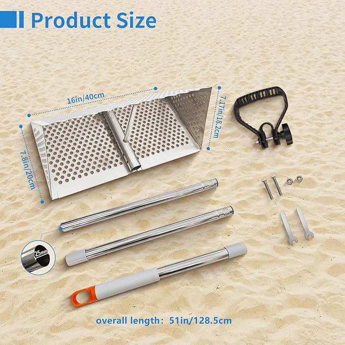 Sand Flea Rake, Detachable Long Handle Sand Sifter for The Beach, The Shark Tooth Screen Comes with a 16in Wide Drain Screen with a 51in Handle