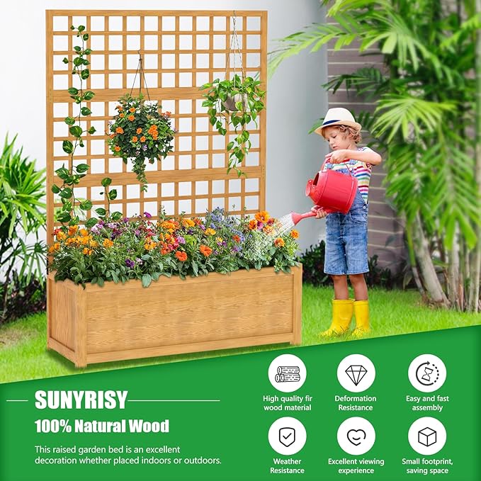 SUNYRISY Raised Garden Bed with Trellis, Wooden Vertical Planter Box with Privacy Screen Outdoor for Climbing Plant Vine Flowers Vegetables, Planter with Hanging Roof and Drainage Holes