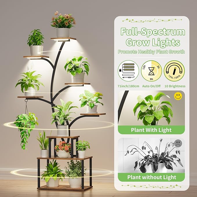 Plant Stand Indoor with Grow Lights - Large Plant Shelf Indoor, 63" 8 Tier Tall Plant Stands for Multiple Plants, 2 Pack Lighted Corner Flower Shelf, Tree-Shaped Metal Holder for Living Room, Black