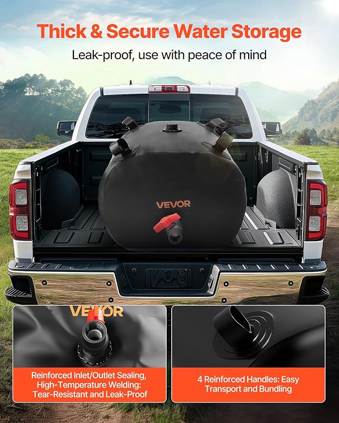 VEVOR Water Storage Bladder, 29.85 Gallon (113L) Water Storage Container Tank, 1000D PVC Thickened Soft Bag Bladder, Collapsible Portable for Garden Irrigation, Camping, RVs, Emergency Use - Black