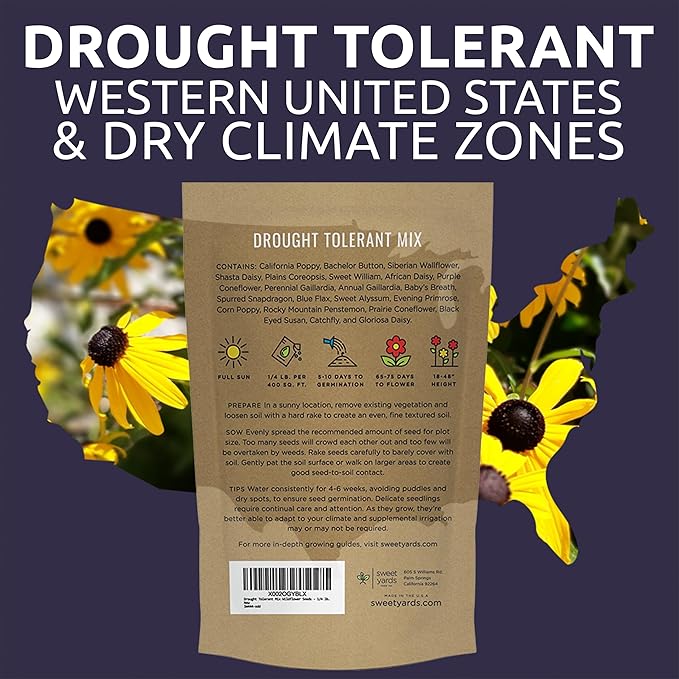 Drought Tolerant Wildflowers Mix – Bulk Quarter Pound Bag – Over 30,000 Open Pollinated Non-GMO Seeds – 21 Different Dryland Species