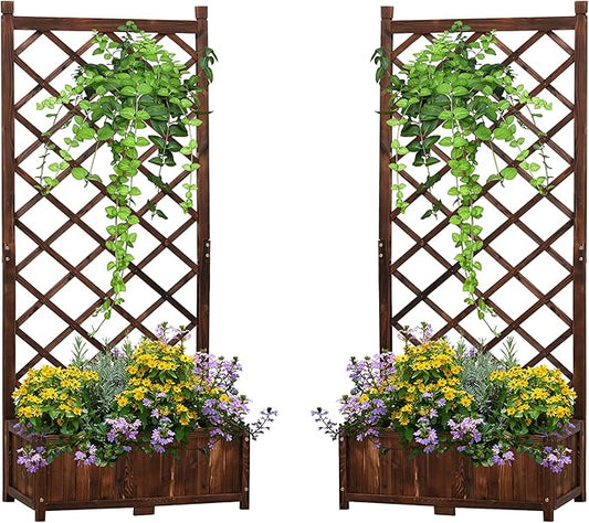 Anraja Raised Garden Bed Planter with Trellis Outdoor Wood Box 67in Set of 2 Flower Standing Planter Box Privacy Lattice Panels with Legs for Patio Porch w/Drainage Holes 29.5" L x 17.0" W x 67.0" H