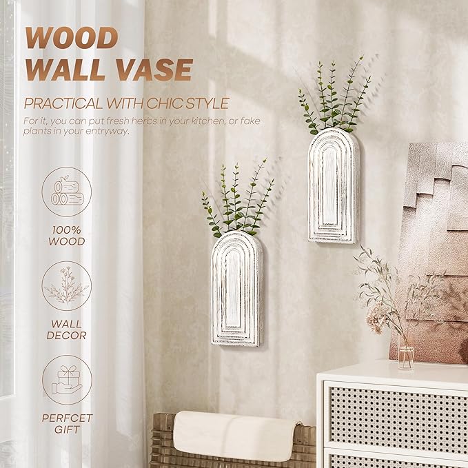 EOSAHR Pine Wood Wall Vases Set of 2 – Farmhouse Wall Decor for Living Room, Bedroom & Office – Hanging Planters for Indoor Plants & Artificial Flowers, Best Boho Chic Decor Accent (Whitewash)