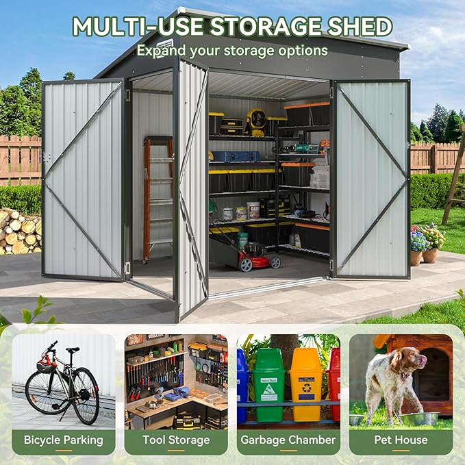 Aoxun 7.5'x4' Triple Door Shed Outdoor Storage Shed with Three Lockable Door for Easily Accessing Metal Storage Cabinet with Slopping Roof for Tools Bicycles Storage for Garden, Backyards (Black)